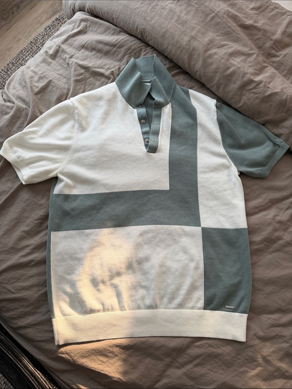 Colorblock Knit Polo in Sage and White